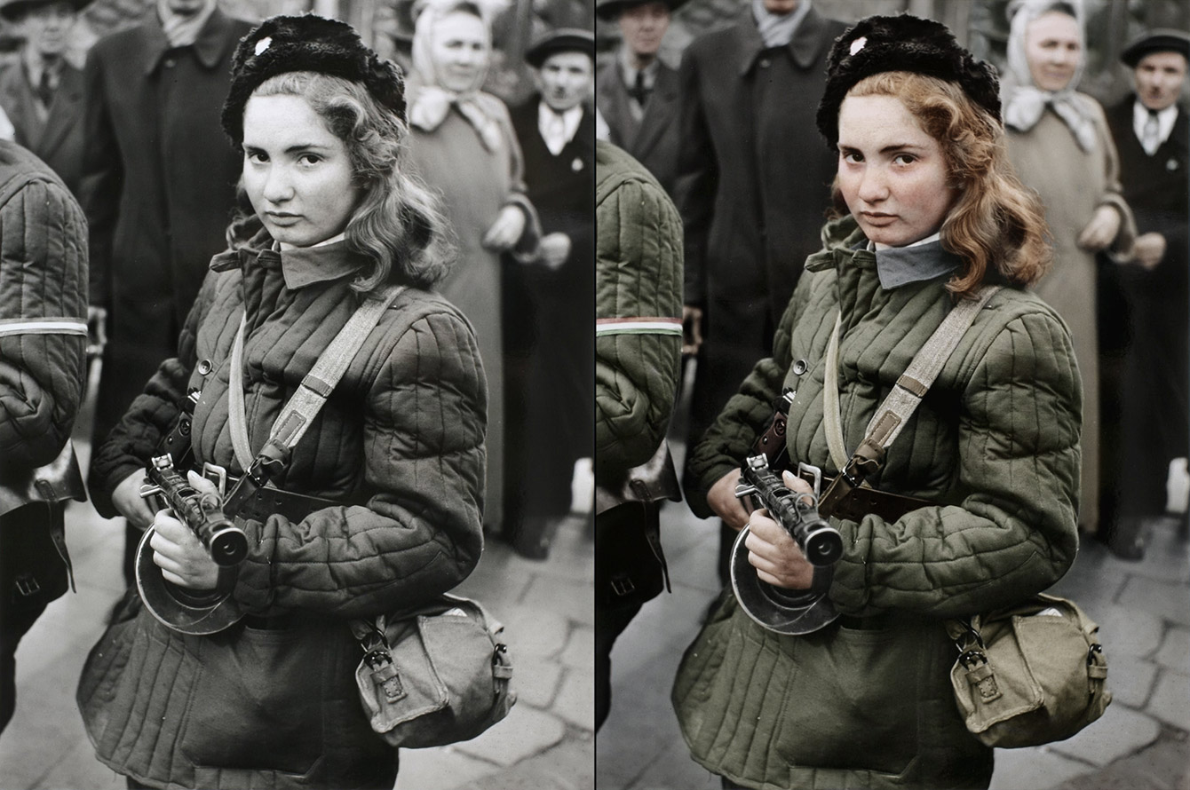 Penkiolikmetė Vengrijos laisvės kovotoja Erika su automatu Budapešte revoliucijos metu,1956 metai. Erika buvo nušauta Sovietų kariuomenės.