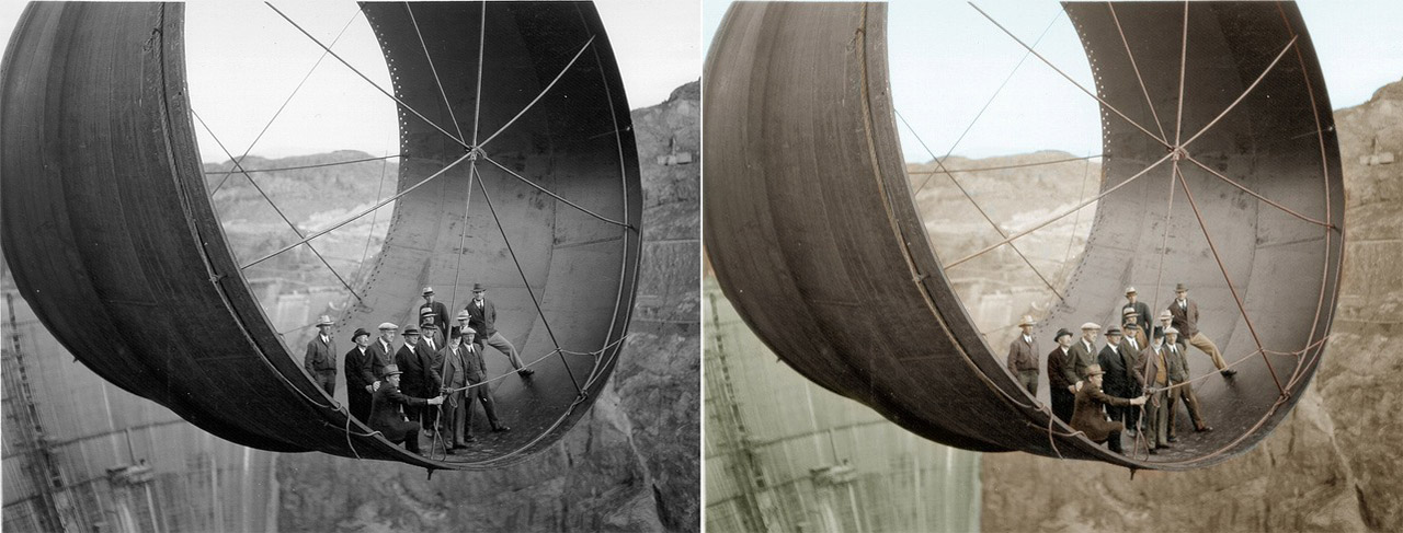 Hoover Dam tunelio statybos metu vyriausybės oficiozai fotografuojasi ant 10 metrų skersmens vamzdžio dalies. 1933 metai
