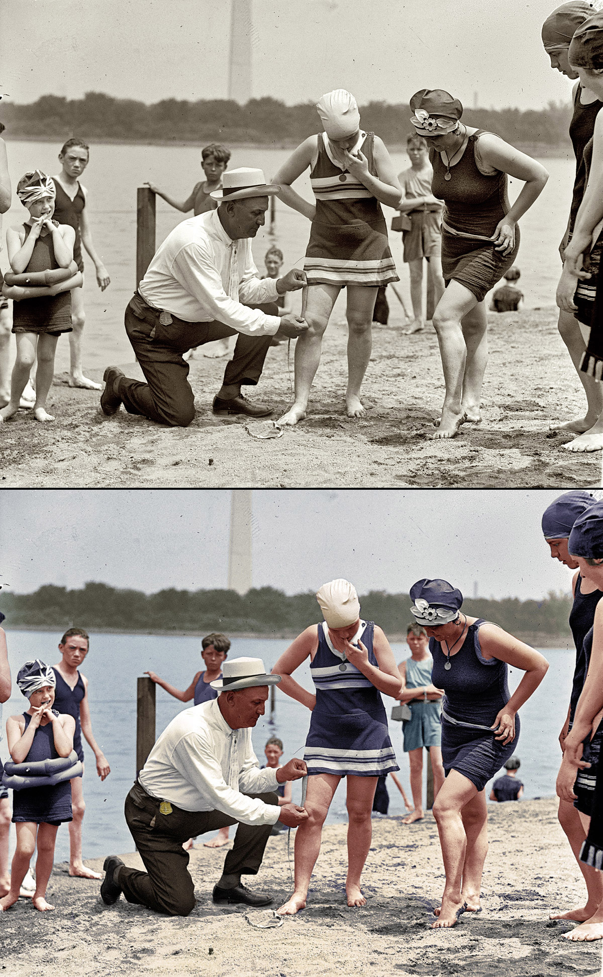 1922 metais policijos pareigūnas tikrina ar maudymosi kostiumai nėra nepadoriai per trumpi
