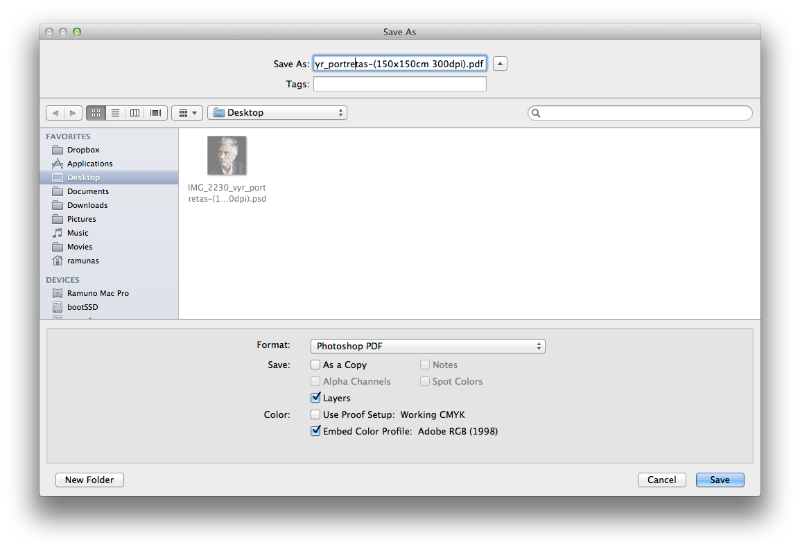 Adobe Photoshop atidarytas PSD failo išsaugojimas kaip PDF